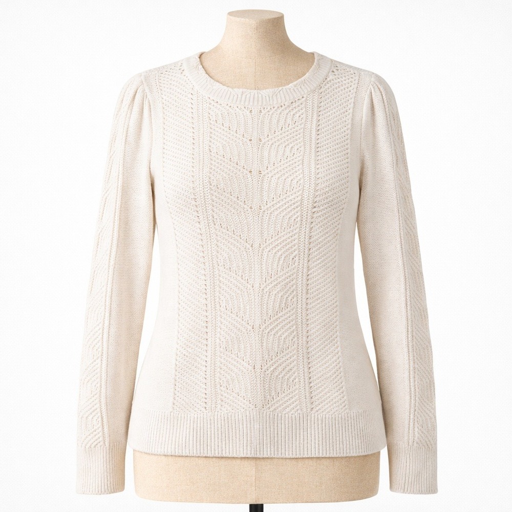 Romantic Pointelle Cable Knit Lightweight Sweater Size M Cream Coquette‎ Dainty